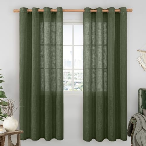 Linen Sheer Curtains 80 inch Long for Living Room 2 Panels (52"W x 80"L (Pack of 2) / Olive Green)