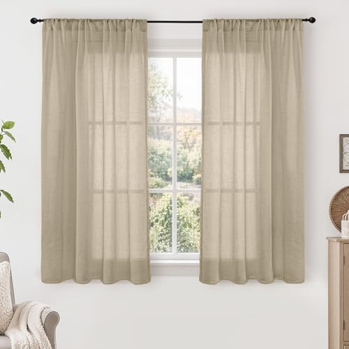 Camel Linen Curtains 48 Inches Long for Short Bedroom (Camel / 42"W x 48"L (Pack of 2))