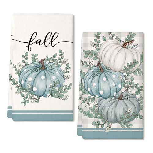 Pumpkin Fall Kitchen Towels Set of 2 for Decor Eucalyptus Leaves (Blue Pumpkin)