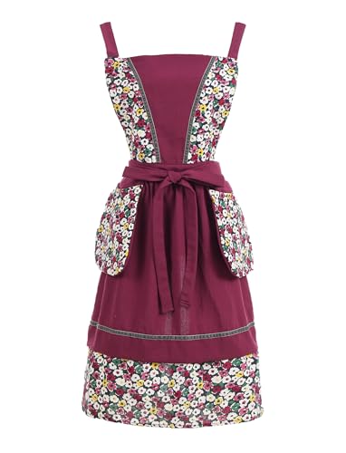 Kitchen Aprons for Women with Pockets Cute Floral Chef Pinafore Apron for Gardening Cooking Baking Painting (Burgundy)