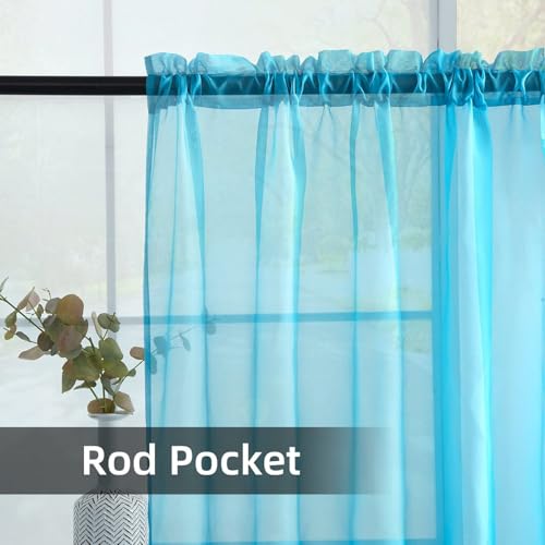 Solid Sheer Rod Pocket Curtain Voile Draperies 2 Panels White Beige Black Grey Coffee 52 Inch Width 108 Inch Long 1 Pair for Kitchen Bedroom Children Living Room Yard (Cyan Blue / 52"W x 108"L (Pack of 2))