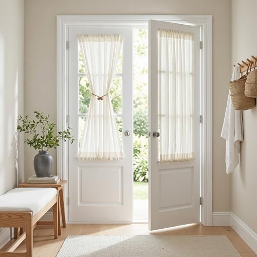 Natural French Door Curtains for Door Window 40 Inch Long Short Semi Sheer Light Filtering Curtain for Small Window Drapes Rod Pocket for Bedroom Bathroom (26"W x 40"L (Pack of 2) / Beige White)