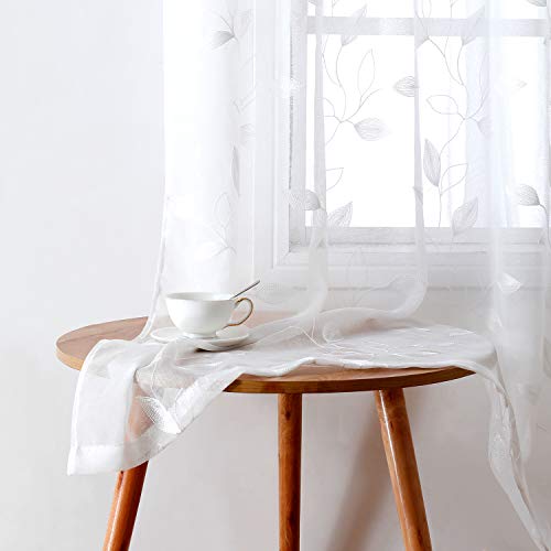 White Sheer Kitchen Curtains 52 x 54 Inch Length 2 Panels Embroidered Leaf Pattern Short Curtains for Bedroom Half Small Window Rod Pocket Tiers (52"W x 54"L (Pack of 2) / 4-white)
