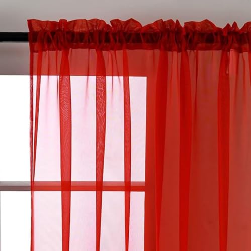 Sheer Red Curtains 4 Panels Rod Pocket Semi (Red / 52"W x 84"L (Pack of 4))