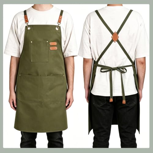 Chef Aprons for Men Women with Large Pockets (Olive Green)