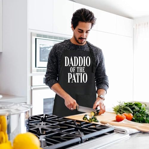 Funny Black Chef Aprons for Men Adjustable BBQ Kitchen Cooking Apron (Daddio of the Patio)