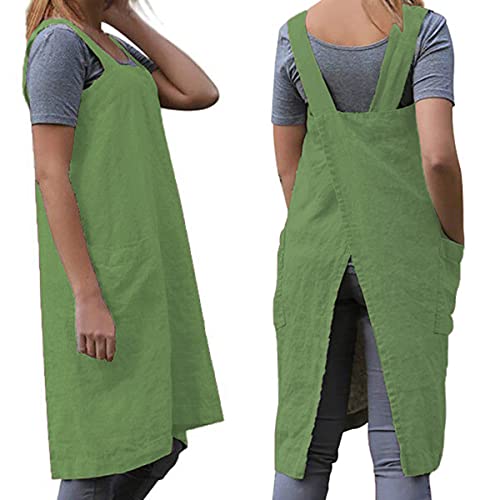 Cotton Linen Apron Cross Back Apron for Women with Big Pockets Square Pinafore Dress for Baking Cooking BBQ & Grill (Green / Medium)