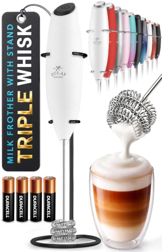Powerful Milk Frother Wand With Duracell Batteries (Pearl White & Black / Triple Whisk + Batteries)