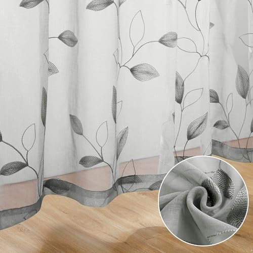 Light Grey Sheer Curtains Leaf Embroidered (52"W x 96"L (Pack of 2) / 3-grey)