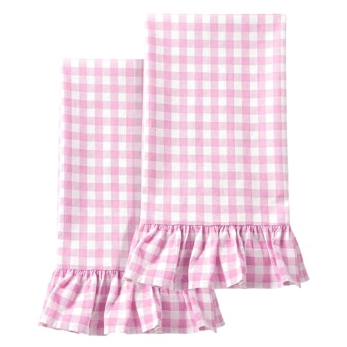 2 Pcs Hot Pink Gingham Kitchen Towels Cotton Ruffled (Hot Pink / Gingham)