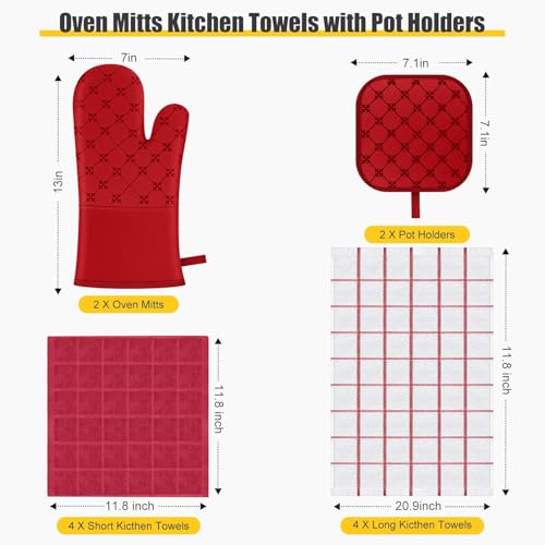 Oven Mitts Kitchen Towels Dishcloths with Pot Holders Sets 12PCS (Red)