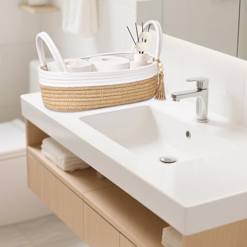 Small Storage Basket for Toilet Tank Top (White & Jute / L(13x6x4 Inch))