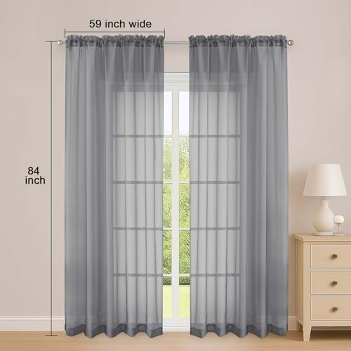 Grey Sheer Curtains 84 Inch Long 2 Panels for Living Room 59" Wide (Grey / 59"W x 84"L (Pack of 2))