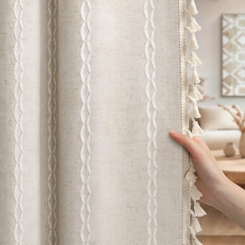 Ivory 100% Boho Blackout Curtains 84 Inch 2 Panels with Tassels (Ivory White / 52"W x 84"L (Pack of 2))