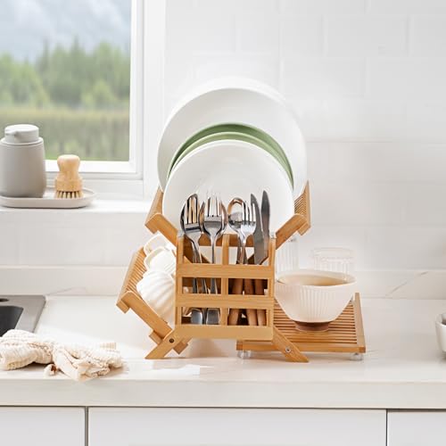 Bamboo 3 Tier Dish Drying Rack with Utensil Holder