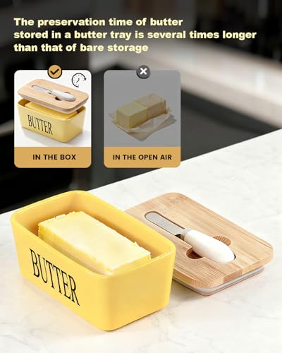 Butter Dish Ceramic with Lid and Knife for Countertop (Yellow)