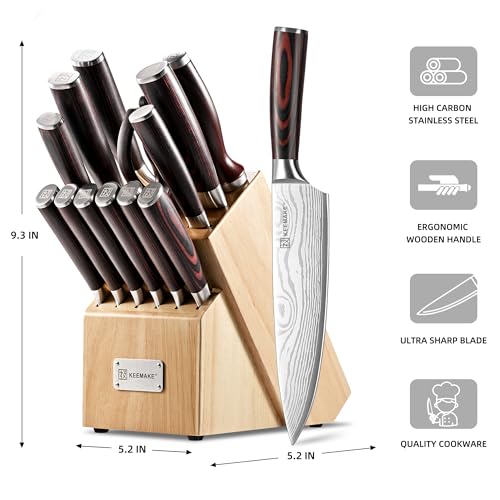 14 Pcs Kitchen Knife Set with Block (Red)