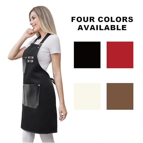 Barista Tools Apron for Women Hairstylists Servers Waterproof Canvas Kitchen Apron with 3 Pockets for Cooking Gardening (Black)