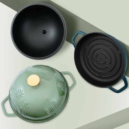 Bread Oven Cast Iron Bread Dutch Oven with Cloche Lid for Bread Baking Green Enameled Cast Iron Bread Oven with Dome Lid for Sourdough (Green / 9.8 Inches)