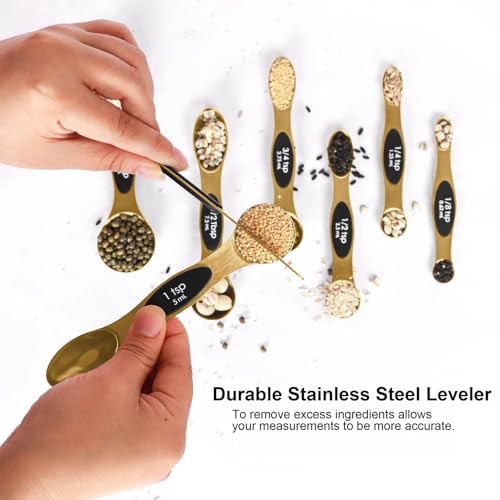 Magnetic Measuring Spoons Set Stainless Steel with Leveler (Gold)