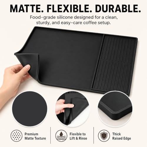 Silicone Coffee Mat with Removable Tray for Coffee Bar Organizer (Classic Black)