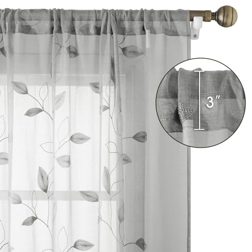 Light Grey Sheer Curtains Leaf Embroidered (52"W x 96"L (Pack of 2) / 3-grey)