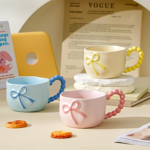 Bow Coffee Mug Pink Coquette Coffee Mugs Set with Saucer 12 OZ Porcelain Tea Cup Bow Cute Mug for Women Girl (#B Pink Bow Coffee Mug)