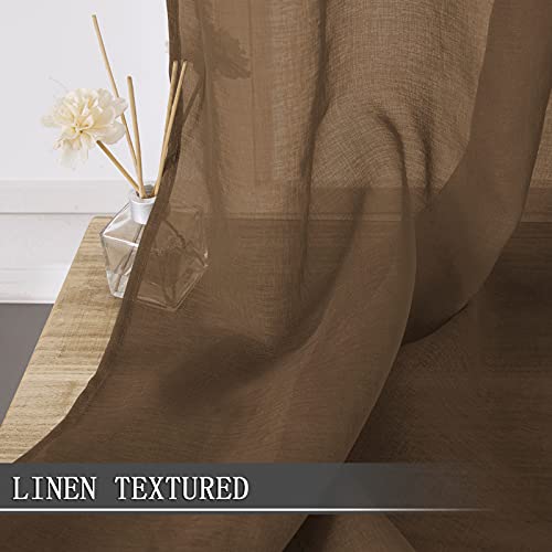 Short Sheer Curtains Living Room Linen Textured Curtain Sheers Light Filtering Voile Rod Pocket Curtains for Bedroom (38"W x 45"L (Pack of 2) / Brown)