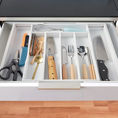 2 Piece Expandable Bamboo Kitchen Drawer Organizer for Cutlery and Utensils (7 Slots Expandable-2Pack / White)