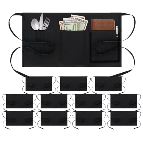3 Pockets Waitress Apron 12 Pack Cotton Server Apron Black Half Aprons for Men & Women Waterproof and Oil Proof (E-12 Pack Black)