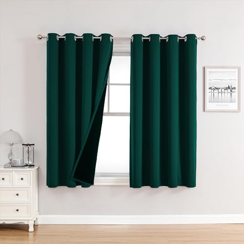 100% Blackout Curtains for Bedroom 2 Panels Set with Black Liner (52"W x 54"L (Pack of 2) / Forest Green)