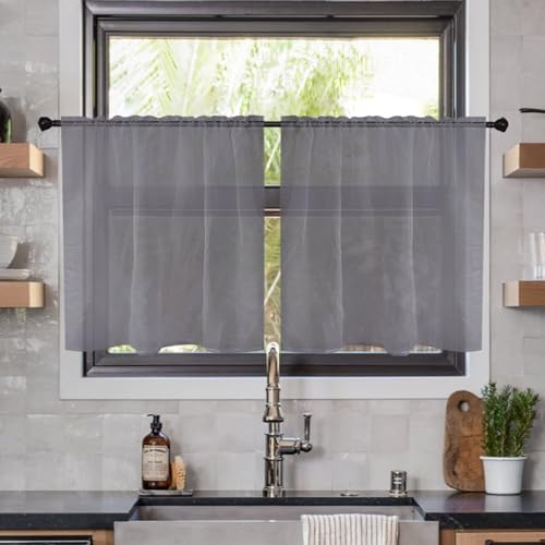 Solid Sheer Rod Pocket Curtain Voile Draperies 2 Panels White Beige Black Ivory Coffee 22 Inch Width 40 Inch Long 1 Pair for Kitchen Bedroom Children Living Room Yard (Grey / 22"W x 40"L (Pack of 2))