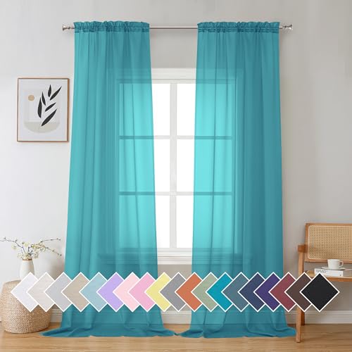 Turquoise Sheer Curtains 96 Inches Long 2 Panels Set (42"W x 96"L (Pack of 2) / Turquoise)