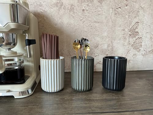 Stoneware Coffee Bar Utensil Holder Tea & Coffee Spoon & Stirrer Holder for Stir Stick Straw Teaspoon Holder Espresso Spoon Cup Small Utensil Jar Fluted Vertical Stripe (Retro Bronze)