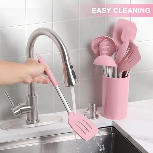 15 Piece Cooking Utensils Set with Stainless Steel Handle (Pink)