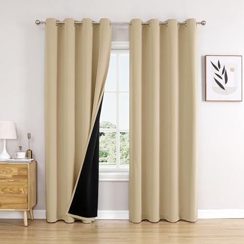 100% Blackout Curtains for Bedroom 102 Inches Long 2 Panels Set (52"W x 102"L (Pack of 2) / Beige)