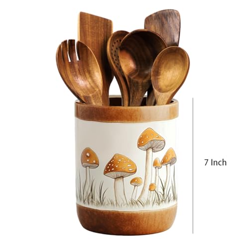 Brown Ceramic Mushroom Pattern Kitchen Utensil Holder (Brown)