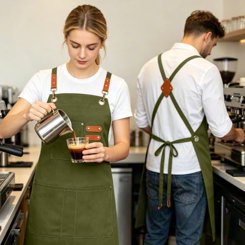 Chef Aprons for Men Women with 4 Pockets (Olive Green)