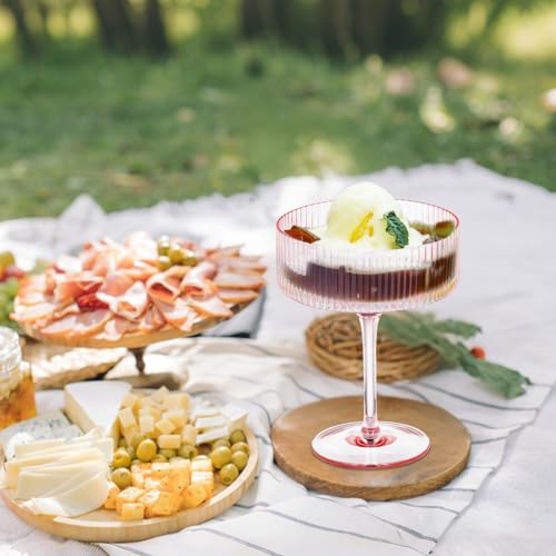 24 Pieces Martini Glasses 10.5oz Plasitc Ribbed Coupe Glasses Champagne Shatterproof Acrylic Vintage Cocktail Glassware Margarita Wine Glasses Disposable Cups for Parties Wedding Anniversary Bar Pink (Pink / 24 PCS)