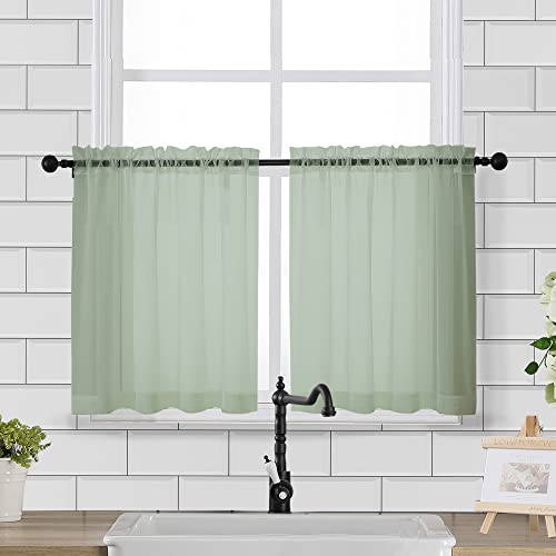 Sheer Curtains Tiers 42W x 24L Inches 2 Pieces Set (Sage Green / 42"W x 24"L (Pack of 2))