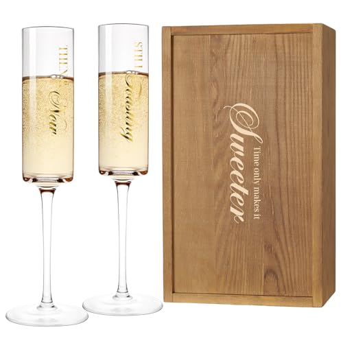 Anniversary Champagne Flutes Set of 2 with Wooden Keepsake Box (Anniversary（Brown） / Set of 2（Wooden box）)