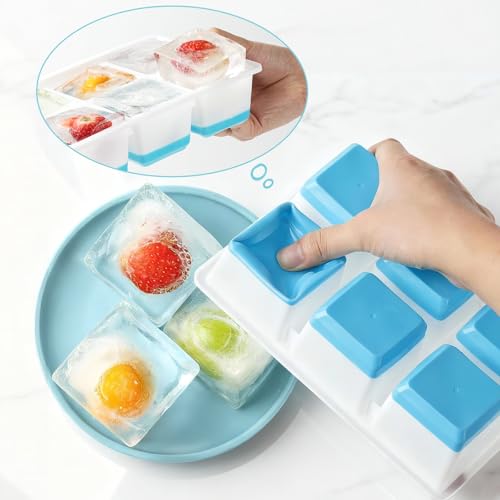 Silicone Ice Cube Trays with Lids for Freezer (6 Cube Blue)