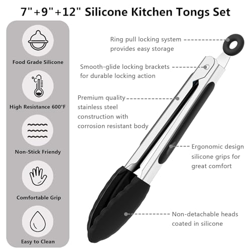 Kitchen Silicone Tongs for Cooking with Nonslip Silicone Tips (Black / 3Pcs, 7+9+12 Inch)