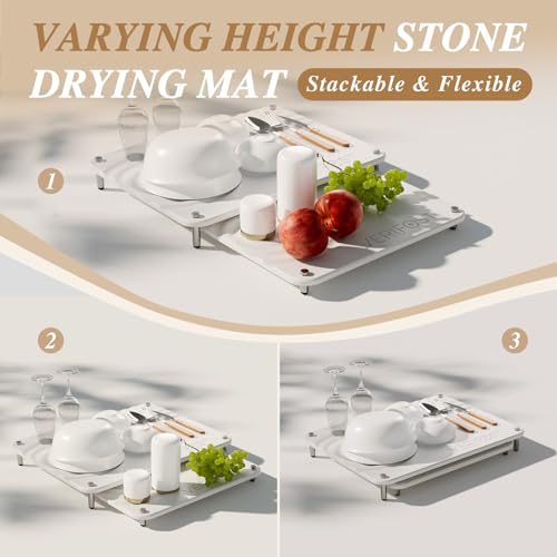 Pearl White 2Pcs Large Stone Dish Drying Mat with Acacia Wood Holder Stand for 1 Inch Cutting Board and Stone Drying Mat for Kitchen Counter Quick Dry Diatomaceous Earth Mat for Kitchen Counter (Acacia Holder Pearl)