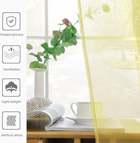 Solid Sheer Rod Pocket Curtain Voile Draperies 2 Panels White Beige Black Ivory Coffee 26 Inch Width 40 Inch Long 1 Pair for Kitchen Bedroom Children Living Room Yard (Yellow / 26"W x 40"L (Pack of 2))