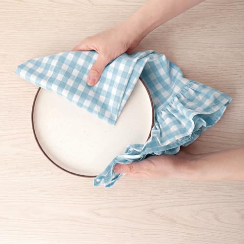 2 Pcs Light Blue Gingham Kitchen Towels Cotton Ruffled (Light Blue / Gingham)