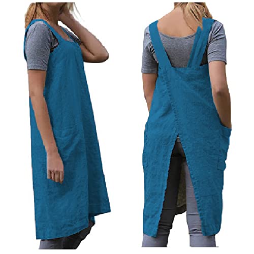 Cotton Linen Apron Blend Dress with Big Pockets for Women Square Pinafore Dress for Baking Cooking BBQ & Grill (Lake Blue / Small)