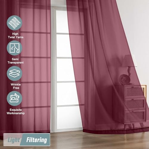 Sheer Curtains for Window 96 Inches Long 2 Panels Set (42"W x 96"L (Pack of 2) / Burgundy)