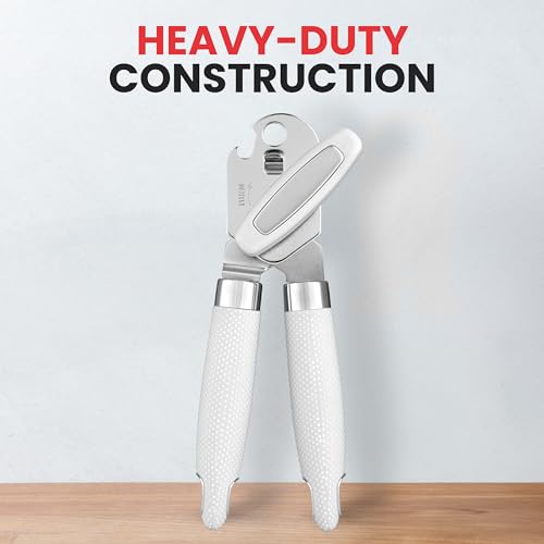 Heavy Duty Stainless Steel Can Opener Manual with Large Bottle Opener (Side Bottle Opener Design / White)