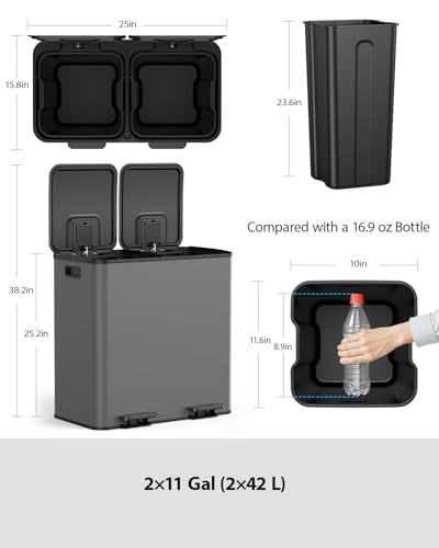 Dual Trash and Recycling Bins for Kitchen (Gray / 2 x 11 Gallon)